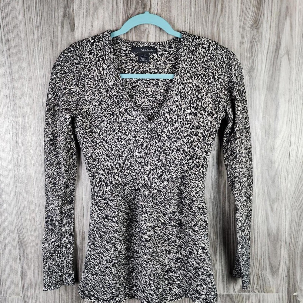 Calvin Klein Jeans Womens Black White Marled Knit V-Neck Peplum Sweater Small